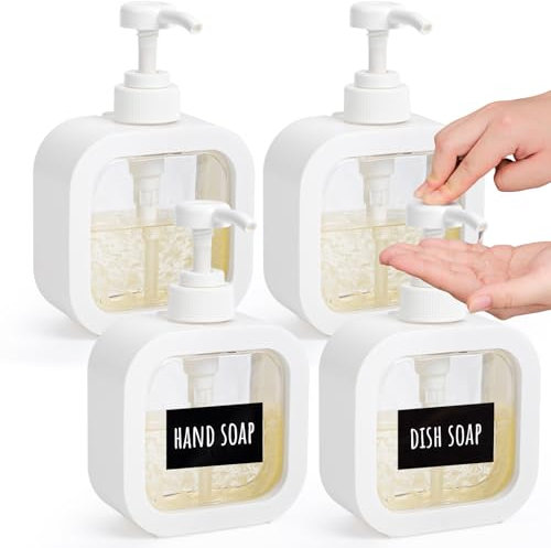 Segbeauty Seifenspender Weiß, 4 Stück 300ml Duschgel Spender, Shampoo Spender für Dusche mit Etiketten, Handseifenspender für Bad, Küche Zubehör