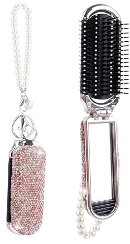 Framendino, Bling Métal Pliable Brosse à Cheveux Porte-clés avec Miroir pour Voyage Rose