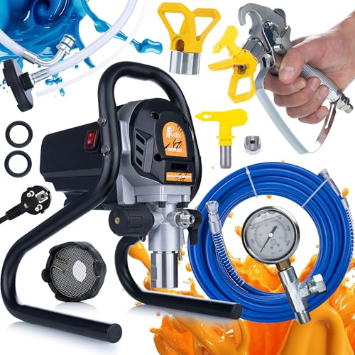Rosfix EcoFlow 1200 Pistolet à Peinture Airless – 1200W, 1,7L/min, 2000 PSI | Buse 515, Tuyau 10m | Pour Peintures à l’Eau et à l’Huile | Station de Pulvérisation Électrique