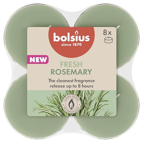 Bolsius - Rosemary - Maxi Duft Theelichter - 8 Stück - Brenndauer von 8 Stunden - Natürliche Extrakte – Enthält Veganes Wachs – Ohne Palmöl