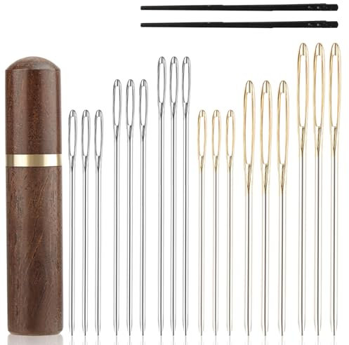 20 Stück Nähnadeln mit Großem Öhr, Sticknadeln Stahl Stumpf und Scharf, Stopfnadeln mit Großem Öhr, Ledernadel mit 1 Holzkoffer, für Handnähen und Garnstricken