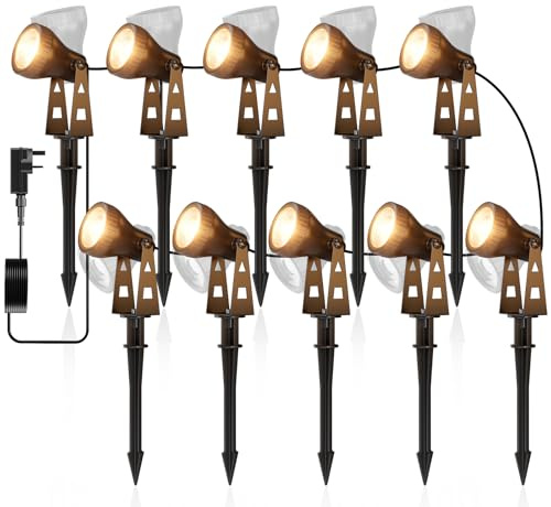 ZOTOYI Garden Spotlights Mains IP68 Waterproof - 32M 10-in-1 Garden Spike Lights Mains Powered with Adapter, 30W LED Outdoor Landscape Spotlights for Lawn Yard, Patio,Driveway,Party, 3100K Warm White