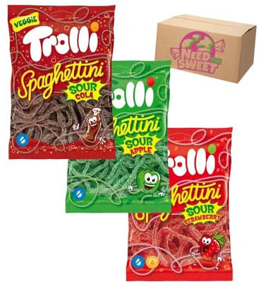 Trolli Fruchtgummi Spaghettini Trio 3x 100g Saure Cola, Saurer Apfel, Saure Erdbeere mit Needforsweet Box