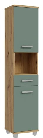 Forte VERIS Badschrank 40, hoher Badezimmerschrank mit 2 Türen, 1 Schublade und 1 offenem Fach, Holzwerkstoff, Salbei mit Artisan Eiche Holzdekor, 40,2 cm breit x 186,8 cm hoch x 34,8 cm tief