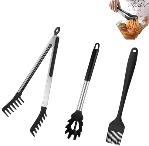Spaghetti Spoon & Pasta Tongs Set with Silicone Oil Brush, Spaghetti Tongs, Pasta Ladle & Ramen Spoon Made of Non-Stick Silicone, Kitchen Tongs and Serving Spoon for Pasta, Noodles (3 Pieces, Black)