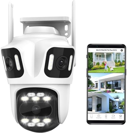 9 MP 3-Objektiv-Überwachungskamera, kabellos, 360° Schwenken/Neige, 2,4 GHz WLAN, AI-Auto-Tracking, kein toter Winkel, 24/7-Aufnahme, Nachtsicht, Spotlight, 2-Wege-Audio, IP66, kabellos/verdrahtet für