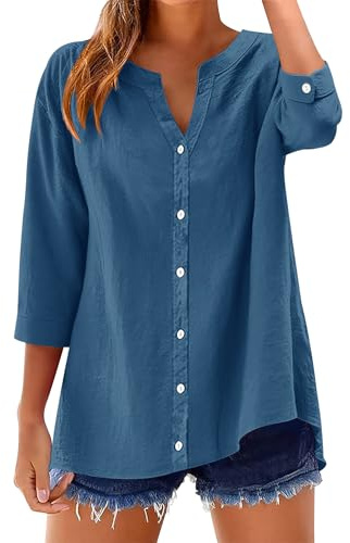 Rapbin Chemisier pour femme à manches 3/4 en coton et lin - Col en V - Boutonnière - Uni - Tunique - Décontractée - Manches enroulables