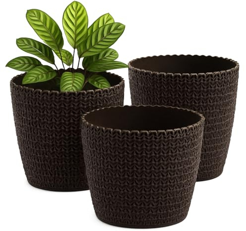 Home Garden Ornaments Plant Pots Indoor – Set of 3 Plastic Planters with Woven Effect Texture Without Drainage Holes (Mocha, 11 cm / 4.3 inch)
