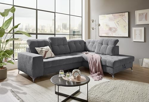 Ecksofa Varadero in Anthrazit – Eckcouch in L-Form mit 5 verstellbaren Kopfstützen, elektrischer Systemverstellung, manueller Sitztiefenverstellung, USB-Anschluss & großem Bettkasten