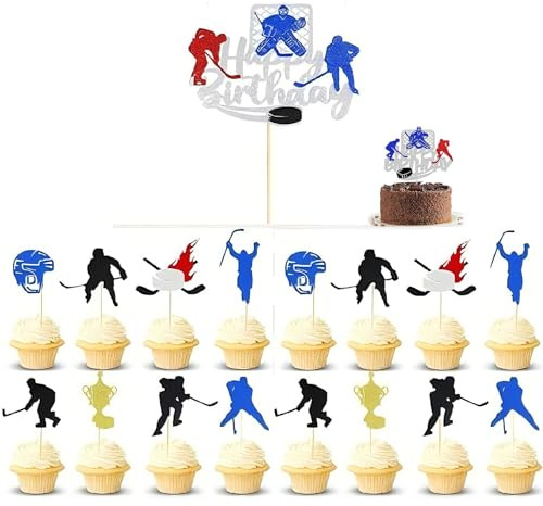 Eowppue Eishockey Cupcake Topper 36 Stück Party Deko für Eishockey Geburtstag Junge Mädchen 300g Glitzer Papier beidseitig Bedruckt fertig montiert für Sport Motto Kindergeburtstag Feier Dekoration