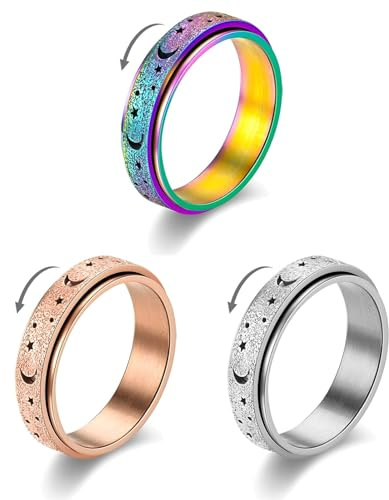 Yuwnd 3 Stück Aura Ring, Anti-Angst Spinner Ring, Edelstahl Drehbarer Roller Ringe, Mondstern Sand Blast Finish Stress Ringe Für Damen Herren Angstlinderung (3 Farben)