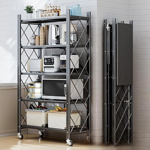 MOPUP Schwerlastregal,Klappregal,Inklusive Installationszubehör,Küchenregale mit Rollen, Metallregal zur Aufbewahrung für Wohnzimmer, Speisekammer, 5 verstellbare Ablagen(166 x 71 x 35 cm,Schwarz)