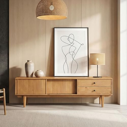 IDIMEX Meuble TV Simona L 175 cm en Bois Massif Coloris Chêne avec 2 Tiroirs 2 Portes Coulissantes, pour téléviseur jusqu'à 75, Style Vintage Scandinave Années 50, Rangement Pratique pour Salon