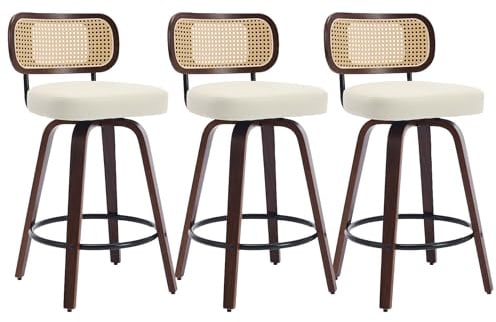 SEEDWAVE Drehbarer Barhocker 3er Set mit Rattan Lehne und PU Leder Sitzfläche, Walnussholz Beine mit Filzfüßen, schwarzer Metall-Fußring, Polsterhocker im Retro Industriestil (3, Beige)