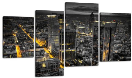 Leinwandbild Frankfurt Schwarz-Gold LW247 Wandbild, Bild auf Leinwand, 4 Teile, 180x115cm, Kunstdruck Canvas, XXL Bilder, Keilrahmenbild, fertig aufgespannt, Bild, Holzrahmen, Nacht, Skyline, Hochhäuser
