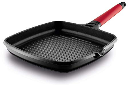 CASTEY - Grill Asador de Inducción, 27 cm, Modelo 2-IG27, Color Rojo, Mango Desmontable, Sartén Antiadherente de Aluminio, Distribución Homogénea del Calor