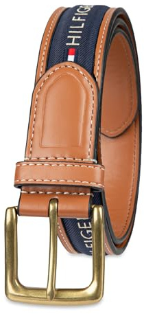 Tommy Hilfiger Men's Ribbon Inlay Fabric Belt with Single Prong Buckle, Navy, Medium