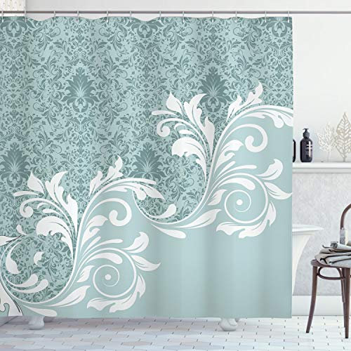 ABAKUHAUS Vintage Duschvorhang, Retro Blumen Efeu-Strudel, Stoffliches Gewebe Badezimmerdekorationsset mit Haken, 175 x 220 cm, Blaugrau Babyblau