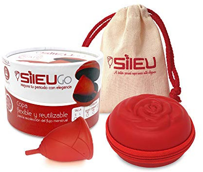 Sileu Go Pack: coppetta mestruale modello rosa – modello iniziazione – ecologico, naturale alternativa a tamponi e tovaglioli sanitari – taglia L, rosso, flessibilità standard + custodia rossa a