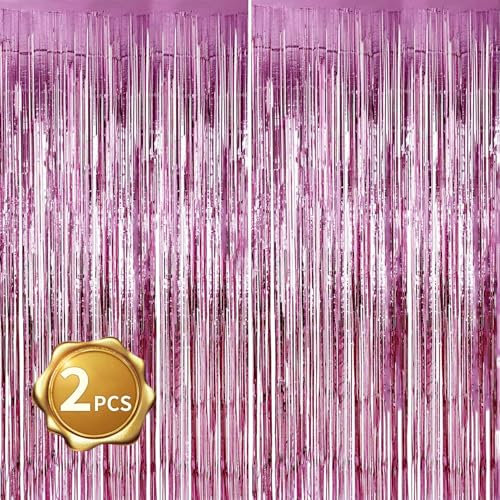 2er Pack Folienfransen Vorhang, rosa Lametta Metallic Vorhänge Foto Hintergrund für Hochzeit Verlobung Brautdusche Geburtstag Bachelorette Party Bühnendekor (3,28 ft x 6,56 ft)