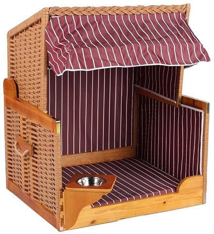 MR. DEKO® Hundestrandkorb Wacholder PE Beige | Dessin rot gestreift | Sonnenschutz Hunde und Katzen | Hundebett - Katzenbett mit Futternapf - Edelstahl Wassernapf schwenkbar