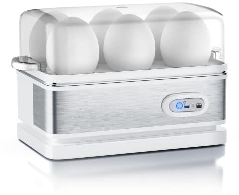 arendo – Cuiseur à œufs avec Fonction Maintien au Chaud - 1 à 6 œufs - Dur, Mollet ou à la Coque - Indicateur Lumineux - Verre doseur avec Perce-œufs - 400 W - Base Anti-dérapante – Blanc
