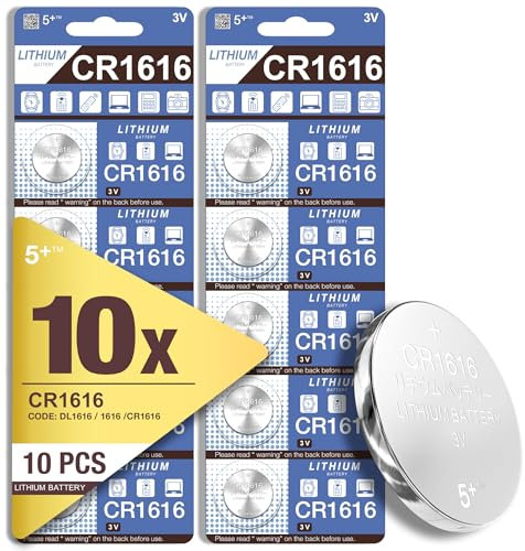 5Plus CR1616 3V Lithium Coin Cell Batteries – 10-Pack BR1616 ECR1616 Compatible, Button Battery for Watch, Car Remote, Key Fob & More