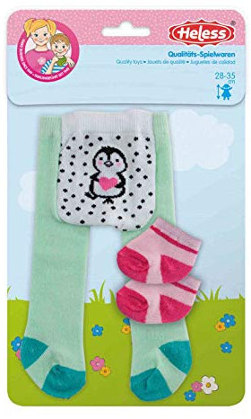 Heless 4791 - Strumpfhose mit Söckchen für Puppen, Kollektion Pinguin Pünktchen, in mint und rosa, Größe 28 - 35 cm