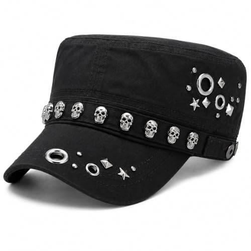 Uteruik Army Cap Military Hat Skull Nieten Flat Top Baseball Cap für Damen & Herren