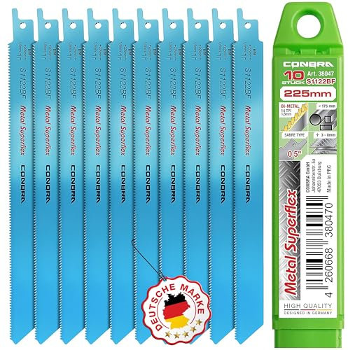 CONBRA® Säbelsägeblätter Metall 10x S1122BF Säbelsäge Blätter 10-tlg. Sägeblätter für Säbelsäge - Metallsägeblatt 225mm - Tigersäge Sägeblatt - Kompatibel mit Bosch Säbelsägeblätter