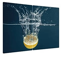ALLboards Glass Chopping Board Lemon Water Splash Splash 2 Set 52x30cm Cutting Board Splashback Worktop Saver for Kitchen Hob Protection Hot Cover Heat Resistant Multi-Glass Plate Dishes Pad