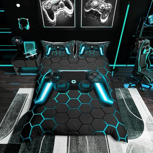 Boys Gamer Comforter Cover Honeycomb Geometric Bedding Sets Neon Lights Gamepad Gaming Duvet Cover Set For Kids Teen Youth Man Hexagon Beehive Quilt Cover With 2 Pillow Cases Double Size Blue