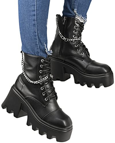 Minetom Winter Gothic Punk Stivali con Plateau Donna Stivaletti Cinturino con Fibbia Nera Cerniera Platform Scarpe Stivali da Combattimento A Nero 2 42 EU