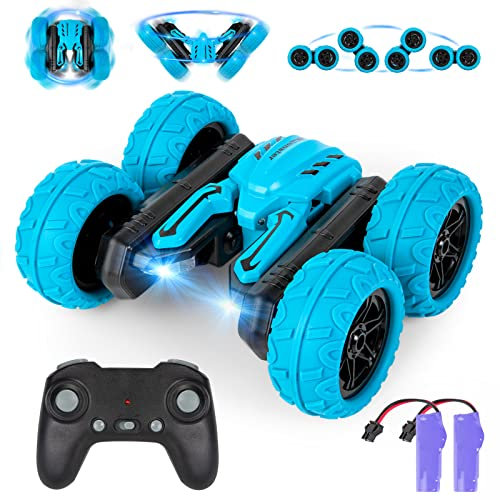 Highttoy Ferngesteuertes Auto Kinder, 4WD 360° Flip Doppelseitig RC Auto Spielzeug ab 3 4 5 6 7 8 9 10 Jahre Jungen Geschenk 2.4GHz RC Stunt Auto mit 2 Akkus Musik Licht, Blau