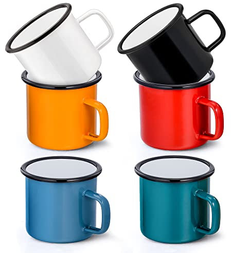 Herogo Enamel Mug, Enamel Camping Coffee Mug Set of 6, White/Black/Red/Blue/Green/Yellow, Retro Drinking Tin Mugs Cups for Home Garden Office Travel, Reusable & Portable, 350ml/12oz