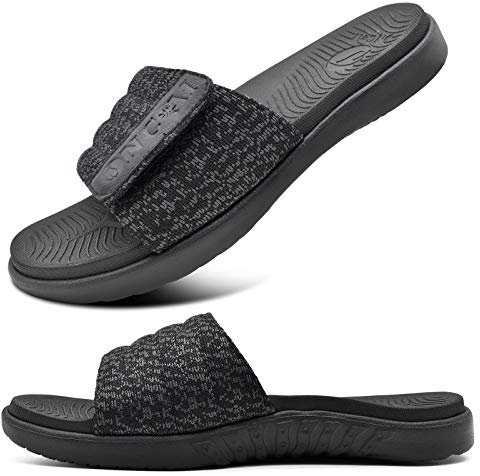 ONCAI Mens Sandals, Arch Support Sport Slides Open Toe Adjustable Straps Orthotic Cushioned Footbed for Plantar Fasciitis Rubber Soles Black Size 9.5