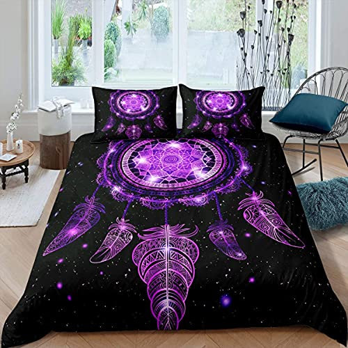 Homemissing Parure de lit Galaxie Attrapeur de rêves Univers Galaxie Ciel étoilé Parure de lit 200 x 200 cm Bohème Tribal Parure de lit Boho Plume avec 2 taie d'oreiller, Violet
