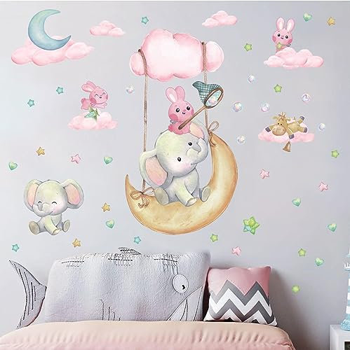 ANHUIB Tier Wandaufkleber,Elefanten Wandsticker,SternWolken Wandtattoo,Kinderzimmer Tier Aufkleber,Mädchenzimmer Wandaufkleber,Rosa Wandtattoo für Babyzimmer Klassenzimmer Schlafzimmer Wohnzimmer Deko
