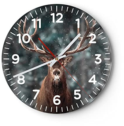 Modern Wanduhr Hirsch Hirsch Winter 40x40cm Rund Groß Wand Uhr Glas Analog Zimmeruhren Küche Büro Wohnzimmer Glasuhr Wall Clock Dekoration Design Wanddekoration Küchenuhr C4AR40x40-4998