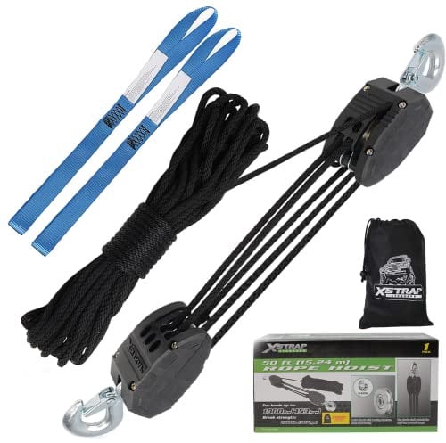 XSTRAP STANDARD Heavy-Duty 2,000LB 50 Feet Rope Hoist Pulley 1 Ton Wheel Block and Tackle System 5:1 Ratio Lifting Power with 2PK 18 Inch Soft Loops (Upgraded 50ft Black)