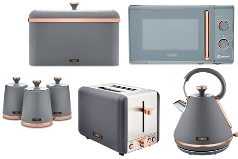 Tower Cavaletto Grey & Rose Gold Kitchen Set of 7 Including Pyramid Kettle, 2 Slice Toaster, Microwave, Bread Bin & 3 Tea, Coffee & Sugar Canisters. Contemporary Matching Kitchen Set