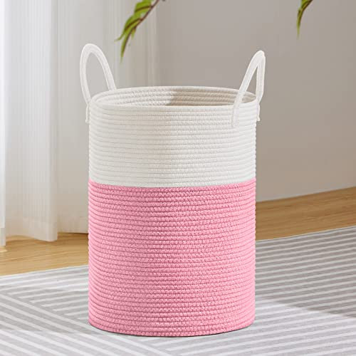 VIPOSCO Grand panier à linge en corde tissée pour couvertures, jouets, vêtements sales dans le salon, la salle de bain, la chambre à coucher – 58 L rose et blanc