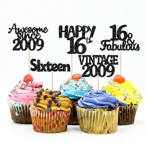 Gyufise 30Pcs Vintage 2009 Cupcake Toppers Glitter Sweet 16 Happy 16th Cupcake Picks Happy 16th Birthday Cake Decorations for Happy 16th Birthday Fabulous Anniversary Party Supplies Black