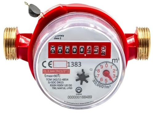 Contatore D’acqua Calda Dn 15 – Portata 1,6 M³/h – Lunghezza 110 MM – Filettatura 3/4 Bsp – Omologato Fino Al 2029 – per Acqua Sanitaria E Impianti Domestici