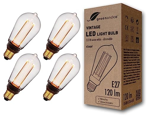 greenandco 4X Decorative Dimmable LED Vintage Light Bulb | E27 ST64 | Clear | 3.5W 120lm | 1800K Extra Warm White | 320° | 230V | Flicker Free