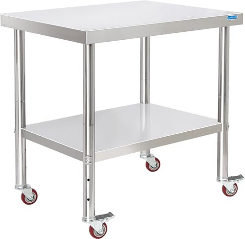 KUARBARR 2023 neuer Edelstahltisch für Vorbereitung und Arbeit mit 4 Lenkrollen mit verstellbarem Unterregal 24 x 30 NSF Metall Kommerzielle Küche Arbeitstisch für Restaurant Zuhause Outdoor