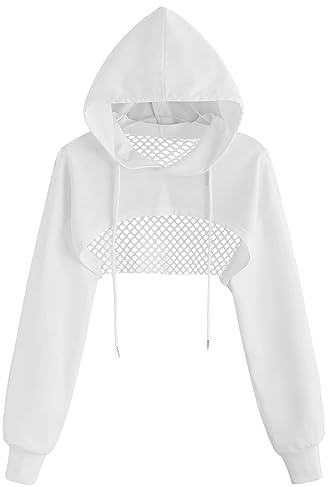 GORGLITTER Damen Super Crop Hoodie Fischnetz Kapuzenpullover Cropped Kapuzensweatshirt mit Tunnelzug Weiß L