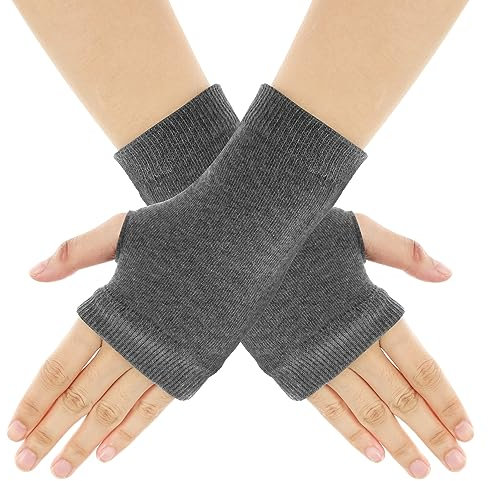 Sibba Fingerless Half Finger Gloves Winter Thick Short Stretchy Cotton Knit Mittens Wrists Knitted Thumb Hole Office Typing Phone Arthritis Unisex Women Men (Grey)