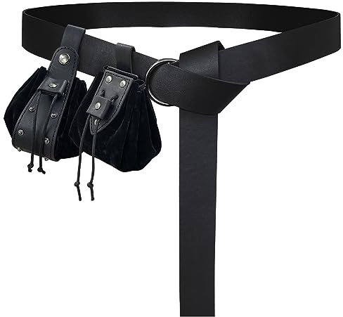 HiiFeuer Mittelalterlicher O-Ring-Gürtel mit Vintage-Mittelalter- Kordelzugbeutel und Nieten Gürteltasche, Retro-Renaissance Kunstleder Gürtel und Münztaschenset für Ren Faire (Schwarz D)
