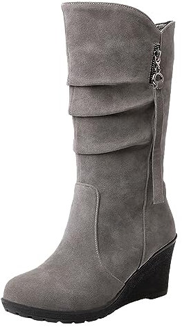 rismart Stivali Western Donna Polpaccio Medio Tacco a Zeppa Foderato con pelliccia sottile Camoscio Scarpe Invernali Grigio,40.5